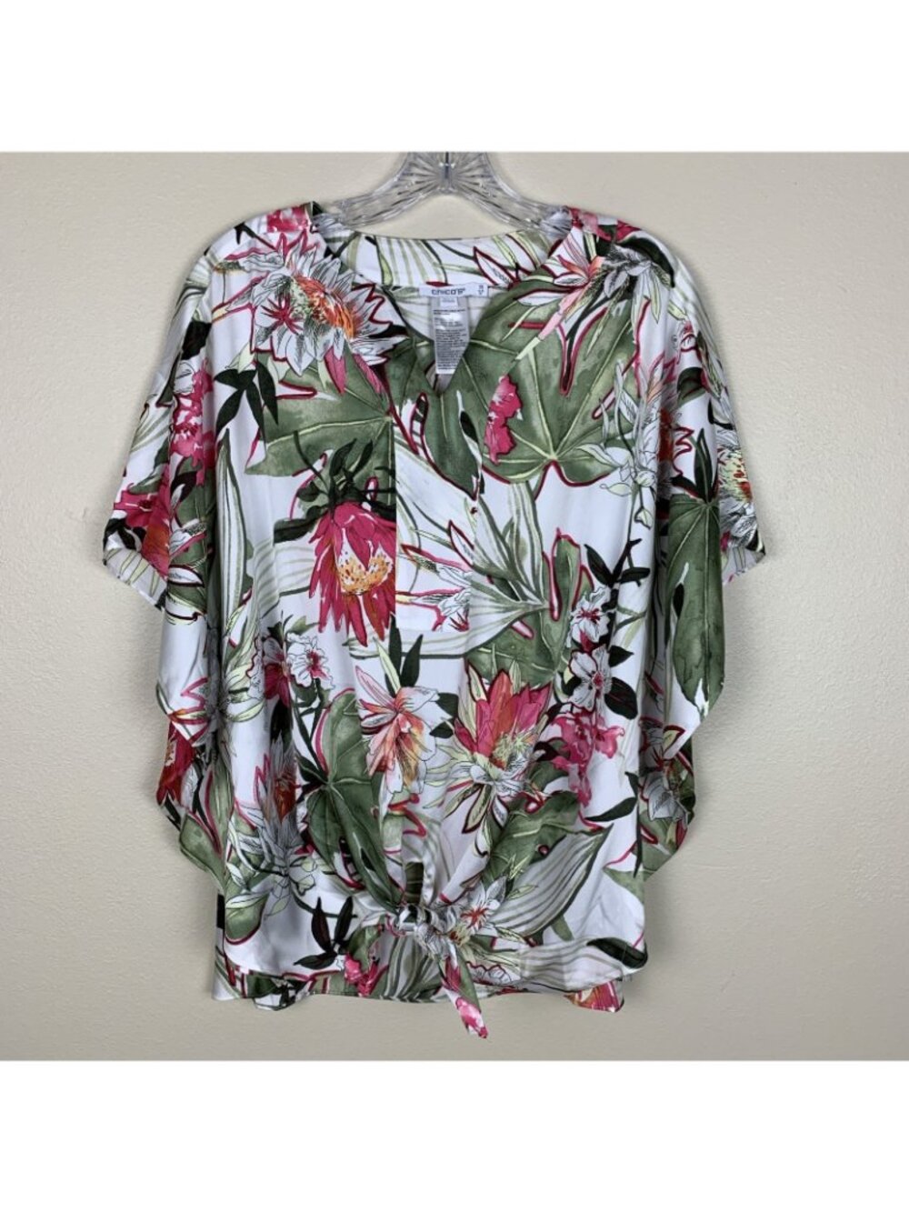 Chicos 1.5 Womens 10 Popover Blouse Kimono Tropical Boho Satin Floral Office Top